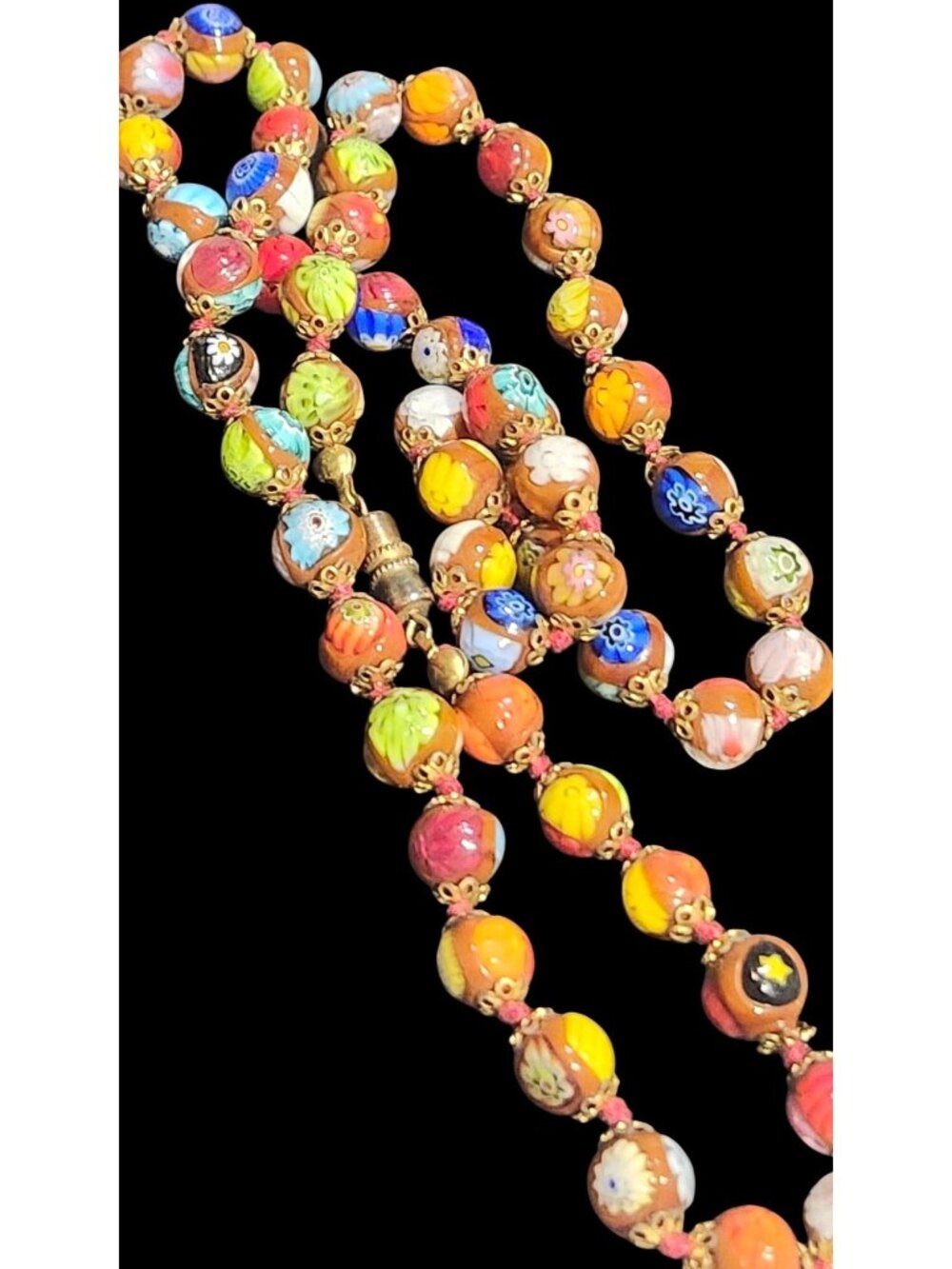 Vintage Italian Millefiori Glass Bead Necklace Gold-Tone Filigree End Caps - Picture 2 of 6